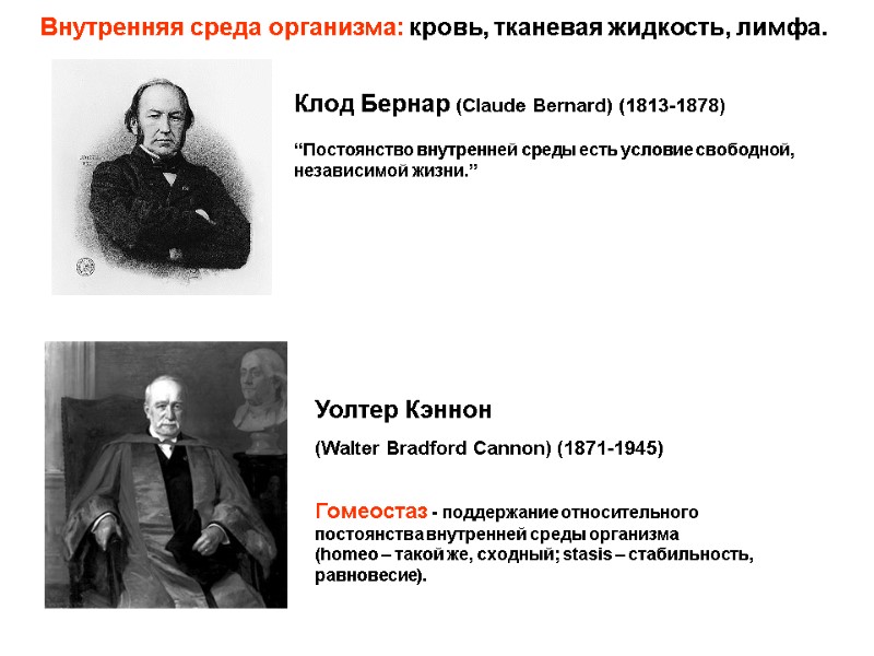 Клод Бернар (Claude Bernard) (1813-1878) Уолтер Кэннон  (Walter Bradford Cannon) (1871-1945) Внутренняя среда